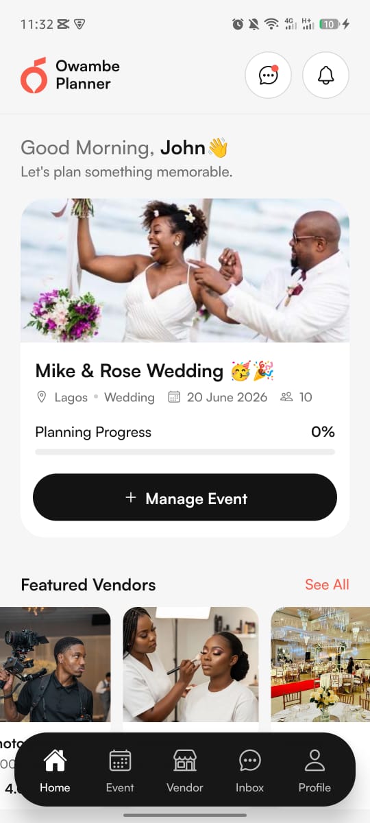 Owambe Planner home screen